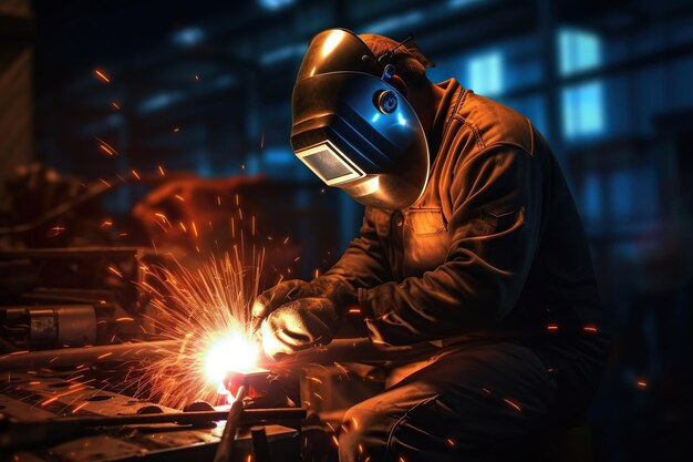 Soudeur soudant de l'acier dans une usine ouvrier industriel au près de l'usine soudant