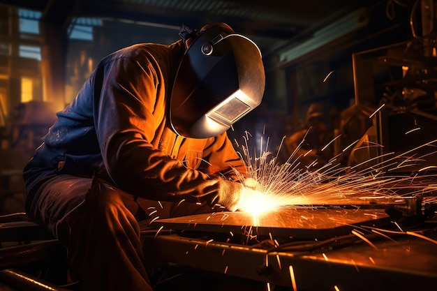 Soudeur soudant de l'acier dans une usine ouvrier industriel au près de l'usine soudant