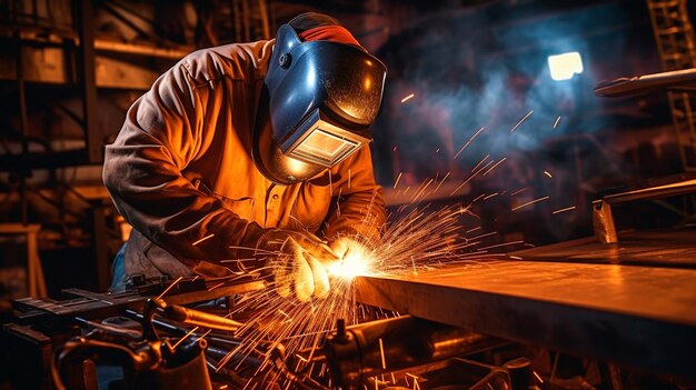 Soudeur en uniforme avec des étincelles en gros plan dans une usine métallique