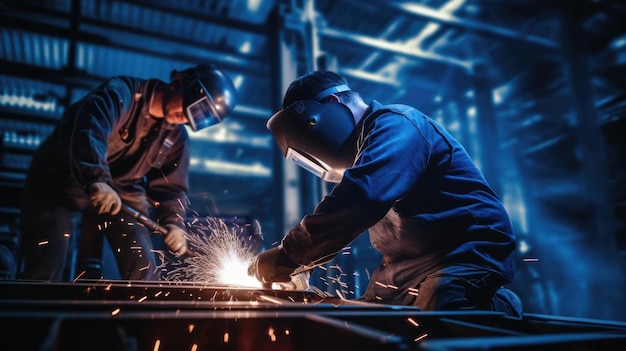 Soudeurs de l'industrie ouvrier effectuant le soudage à l'arc dans les usines