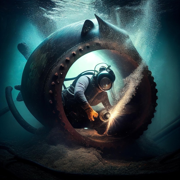 Soudure sous-marine, un homme soudeur soude une structure métallique au fond de la mer