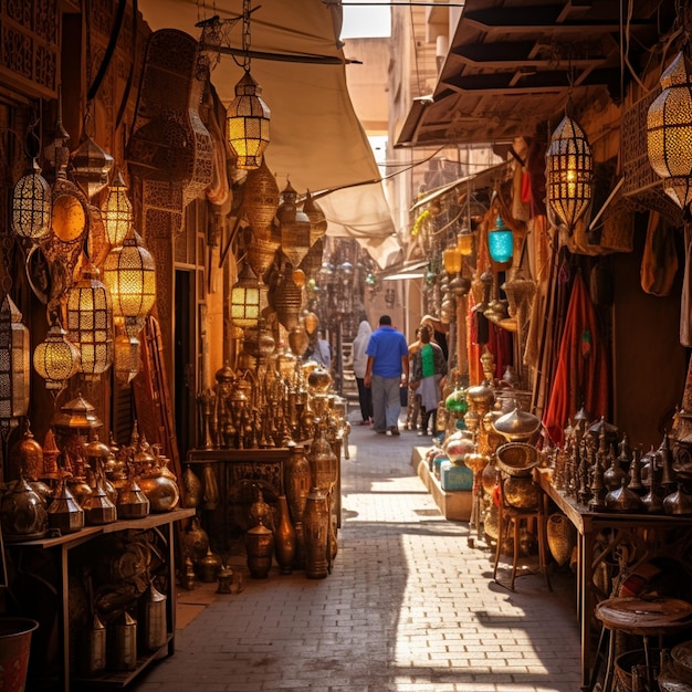 Souk animé de Marrakech avec lanterne marocaine