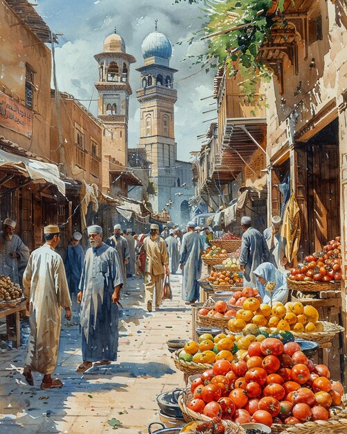 Photo un souk arabe traditionnel avec des étals animés en arrière-plan