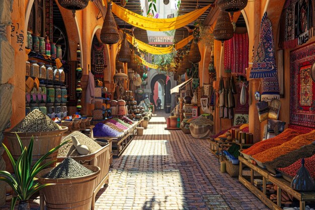 Un souk marocain animé avec des épices et des tapis