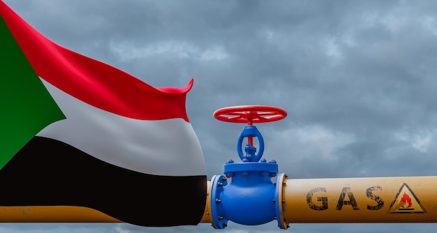Soupape de gaz du Soudan sur le gazoduc principal Soudan Pipeline avec drapeau Soudan Tuyaux de gaz du Soudan