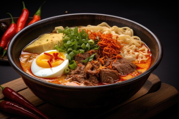 Soupe au curry avec des nouilles épaisses, du bœuf, des œufs, des piments et des poivrons servis dans un bol, cuisine chinoise