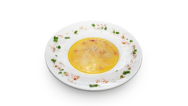 Soupe au poulet sur fond blanc isolé