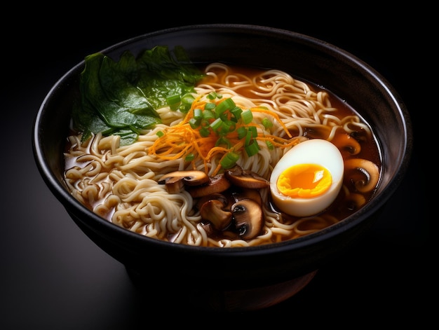 Soupe au ramen avec des nouilles et des œufs mous sur un fond sombre