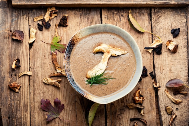 Soupe aux champignons savoureuse.Bol de soupe aux champignons d'automne sur une table en bois rustique