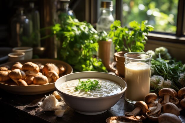 Soupe aux champignons sur la table de la cuisine photographie alimentaire de publicité professionnelle