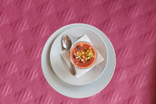 Soupe aux tomates gaspacho ou salmorejo dans un bol blanc