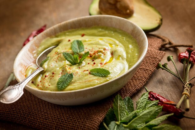 Soupe d'avocat à la feuille de menthe et au piment fort