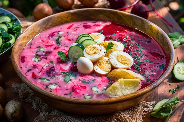 Soupe de betteraves d'été au borscht froid avec des œufs bouillis au concombre frais et des pommes de terre cuites sur une table en bois