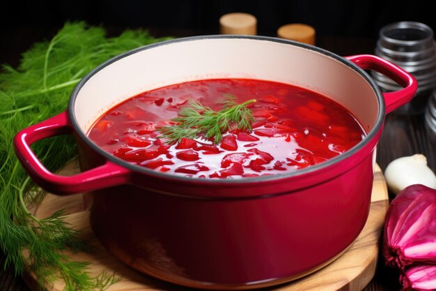 Soupe de bortsch fraîchement préparée dans une casserole prête à être servie