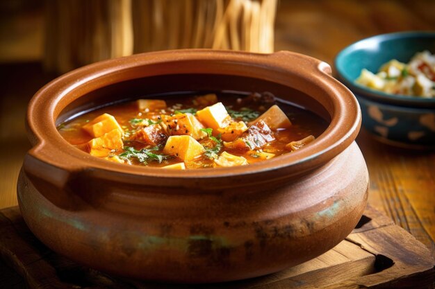 La soupe bouillante dans un bol de céramique rustique