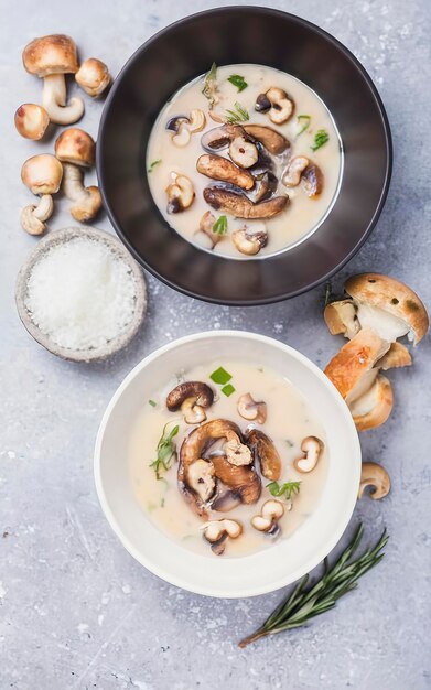 Photo soupe de champignons servie avec des champignons frais et frits et du romarin sur fond blanc