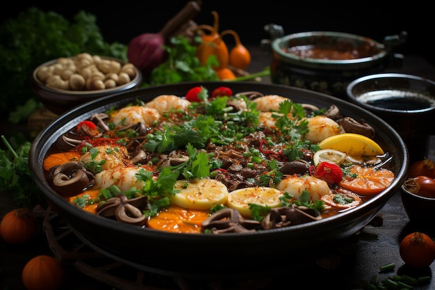 Photo soupe chinoise shabu épicée et aigre avec viande et fruits de mer