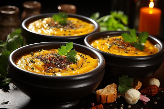 Soupe de citrouille brouillée avec des épices dans des bols en bois sur des planches légères