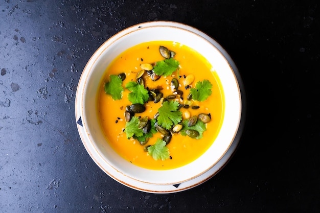 Soupe de citrouille et de carotte avec de la crème et du persil sur fond de bois sombre