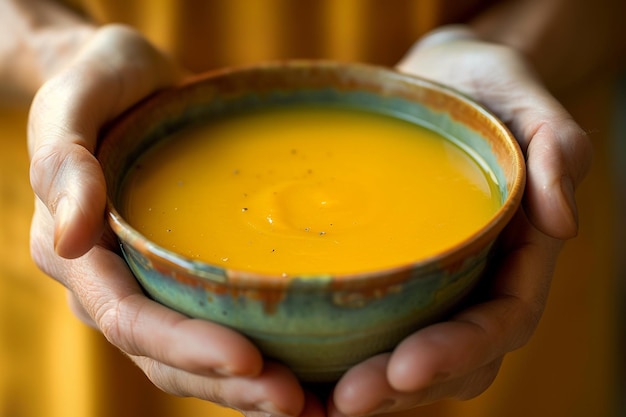 Soupe de citrouille chaude faite maison entre les mains avec une IA générée