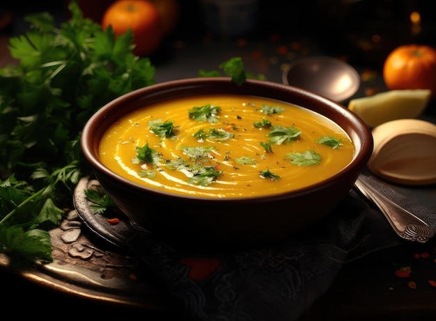 Photo soupe de citrouille avec crème aux herbes de thym et graines de citrouille servie dans un bol noir, vue de dessus créée avec la technologie generative ai