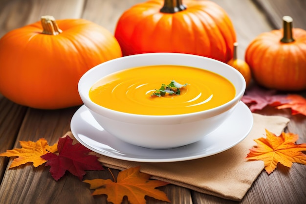 Soupe de citrouille dans une assiette avec des citrouilles orange et des feuilles sèches sur fond de bois