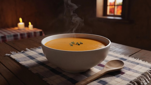 Soupe de citrouille dans un bol blanc sur une table en bois