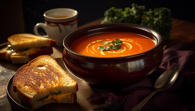 Soupe à la citrouille fraîche avec tranche de pain croustillant générée par l'IA