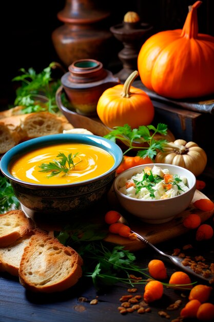 Soupe de citrouille traditionnelle avec crème dans un bol et ingrédients sur fond sombre