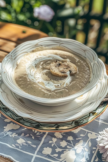 Soupe à la crème aux champignons servie sur une table dans le jardin