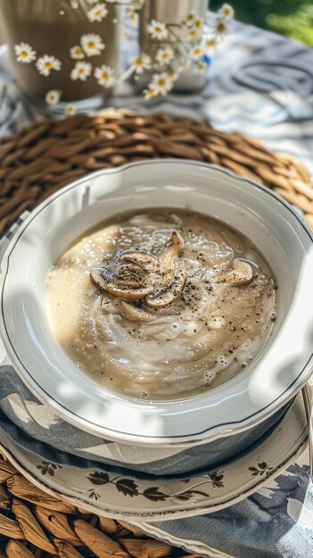 Soupe à la crème aux champignons servie sur une table dans le jardin