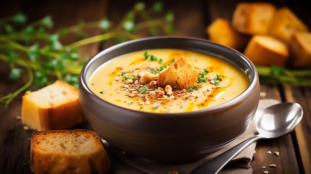 Soupe à la crème de citrouille à l'automne avec des croutons