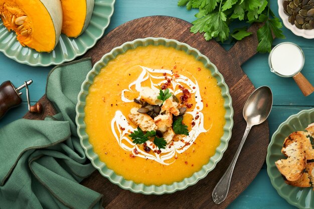 Soupe à la crème de citrouille et de carotte avec des herbes, des assaisonnements et des graines dans un bol sur fond de bois foncé dans un style rustique Soupe à la crème de citrouille traditionnelle d'automne de Thanksgiving Vue supérieure