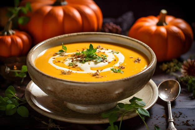 Soupe à la crème de citrouille sur la table en bois