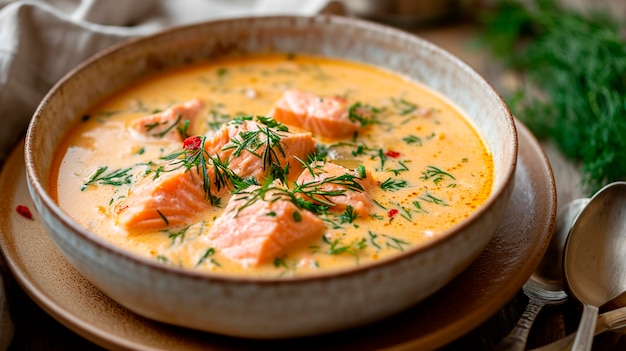 Photo soupe à la crème norvégienne avec saumon concentration sélective