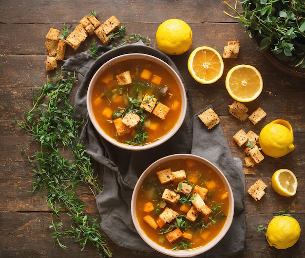 Soupe à la crème de potiron avec croûtons et persil sur fond gris vue de dessus