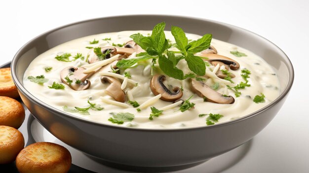 Photo soupe à la crème soyeuse avec des champignons dans un bol isolé sur blanc