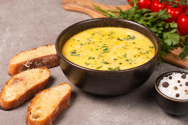 Soupe crémeuse au poulet et au fromage. Nourriture de confort.