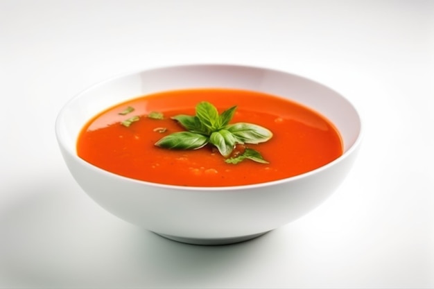 Soupe crémeuse aux tomates servie dans un bol blanc garni de feuilles de menthe isolé sur fond blanc