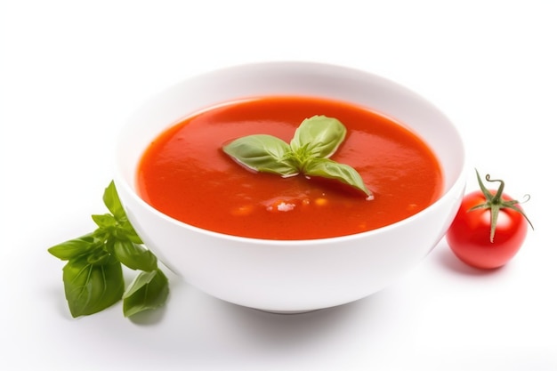 Soupe crémeuse aux tomates servie dans un bol avec des tomates qui traînent