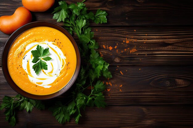 Soupe crémeuse à la citrouille et aux carottes avec persil sur bois foncé Vue de dessus