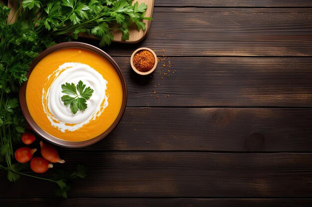 Soupe crémeuse à la citrouille et aux carottes avec persil sur bois foncé Vue de dessus