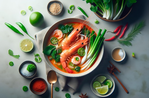 La soupe de crevettes asiatique est sur une assiette.