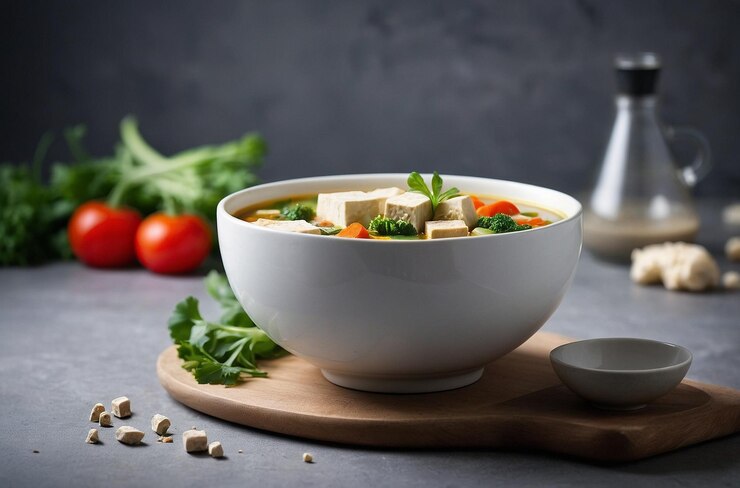 Photo soupe avec du tofu et des légumes