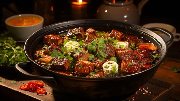 Soupe épicée à la gelée de sang de canard et tofu puant avec garniture aux oignons verts et au piment