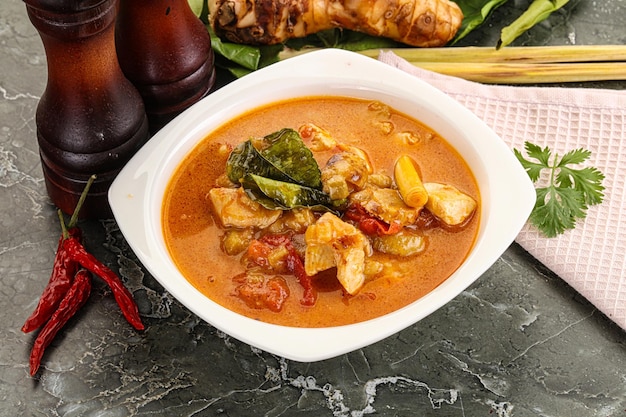 Soupe épicée traditionnelle thaïlandaise Tom Yum avec du poulet