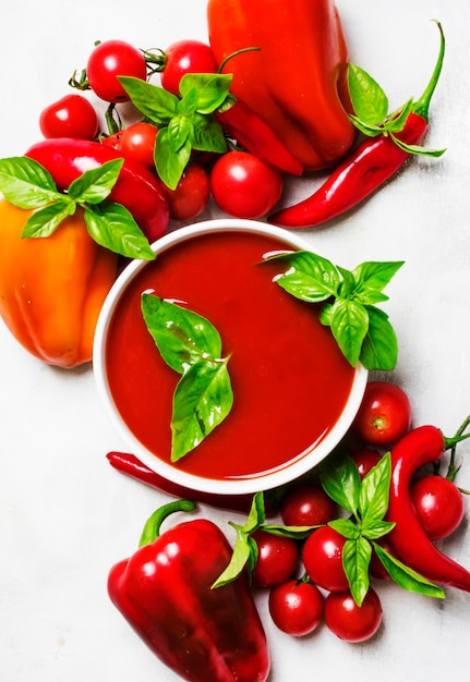 Soupe froide d'été aux tomates avec légumes et vue de dessus de basilic vert