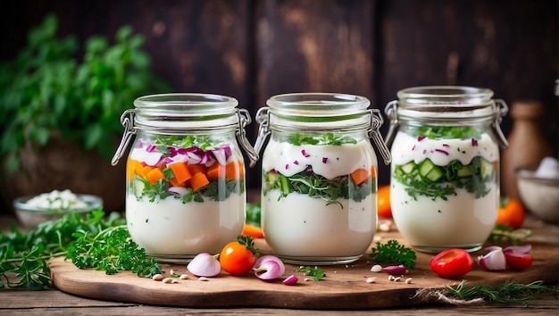 Photo soupe froide d'été avec des légumes, des herbes et du yogourt.