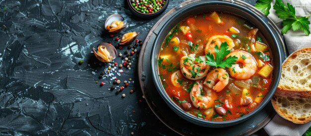 Soupe de fruits de mer rustique avec crevettes et pain