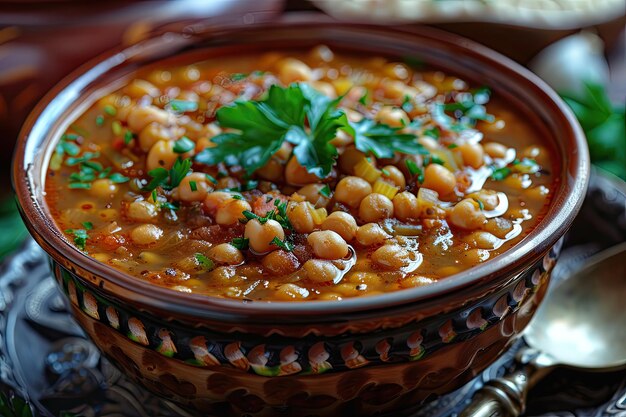 Soupe de harira marocaine avec lentilles, pois chiches et épices Soupe Harira traditionnelle marocaine